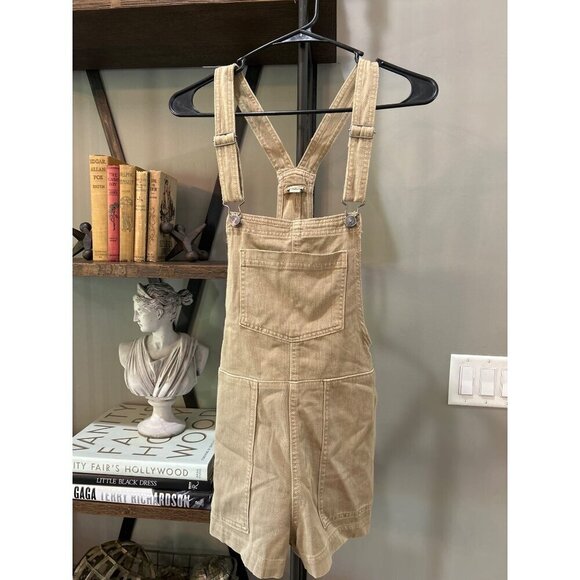 Aerie Werk and Play Denim Short Overalls TAN KHAKI Womens Size XS - Picture 3 of 6